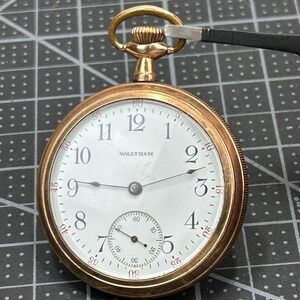 Antique Waltham Pocket Watch Gold Tone Engraved Case Sub Dial 45mm 14k Gold Fill